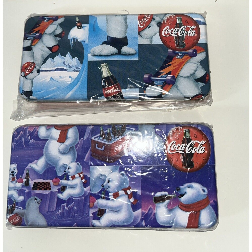Coca Cola Vintage 1997 Set 2 Pencil Case Skating Polar Bear/ Playing Board Game